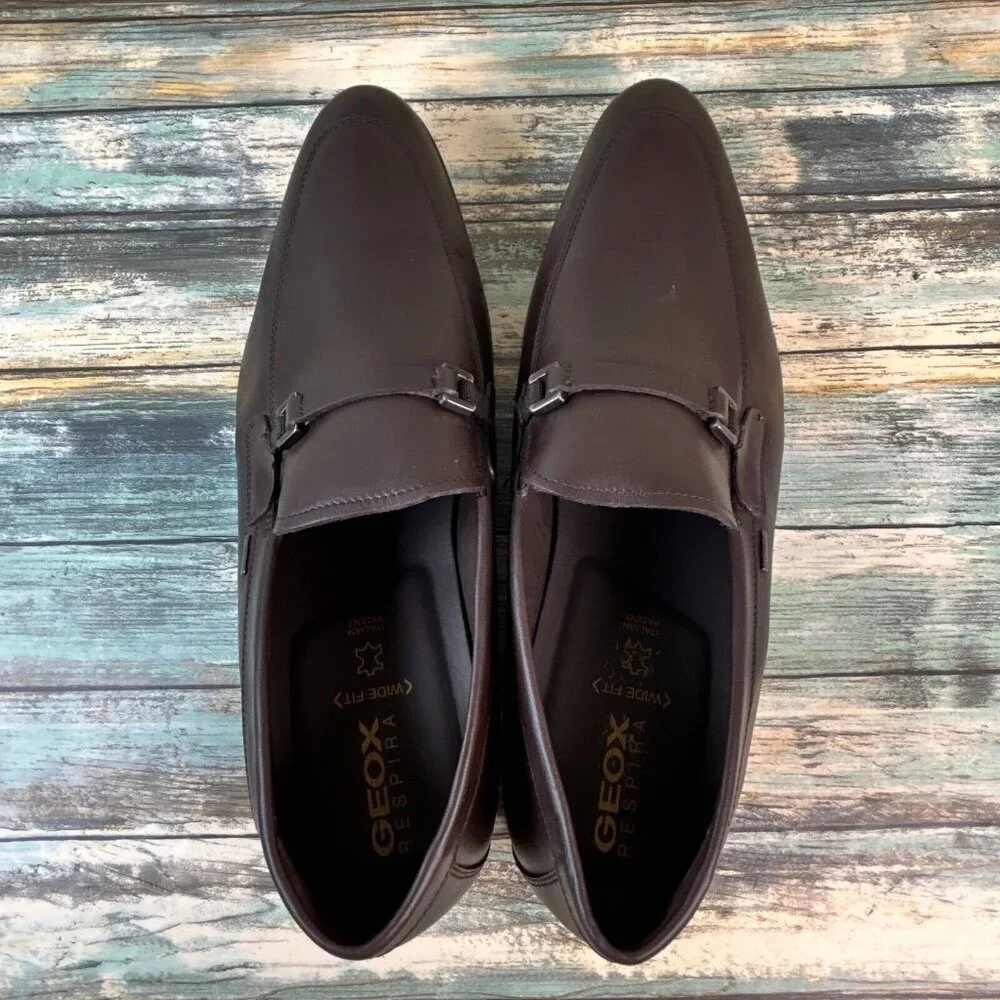 GEOX Mens Waterproof Leather Loafers Size 12/45 Wide Fit Dark Brown Dress Shoes